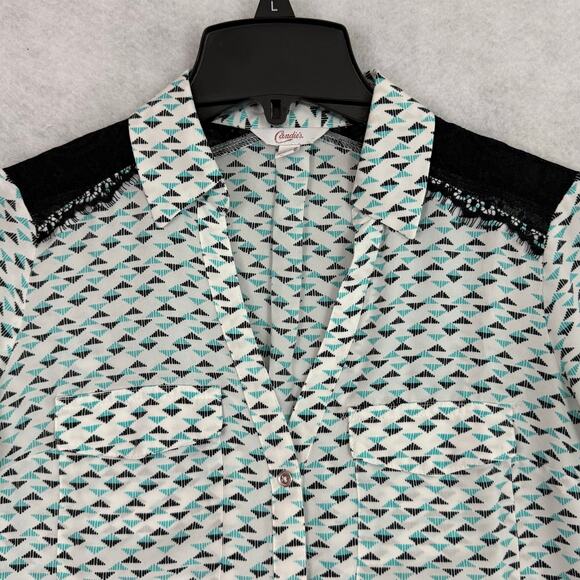 Candie’s XS Geometric Button Blouse Lace Shoulder Long Roll Tab Sleeve Top - Picture 8 of 13